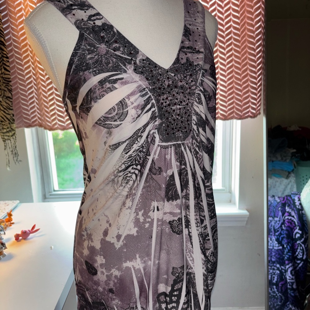 Purple Black And White Rhinestoned Patterned Sleeveless Dress